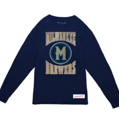 Men Mitchell & Ness T-Shirts & Tops-Arched Logo Slub Ls Tee Milwaukee Brewers
