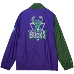 Men Mitchell & Ness Jackets & Outerwear-Arched Retro Lined Windbreaker Milwaukee Bucks