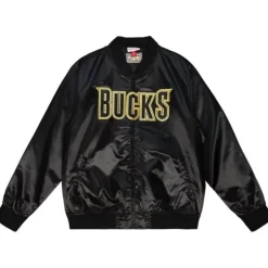 Men Mitchell & Ness Jackets & Outerwear-Big Face 4.0 Satin Jacket Milwaukee Bucks