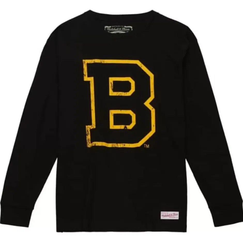 Men Mitchell & Ness T-Shirts & Tops-Distressed Logo Ls Tee Boston Bruins