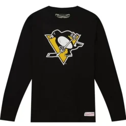 Men Mitchell & Ness T-Shirts & Tops-Distressed Logo Ls Tee Pittsburgh Penguins