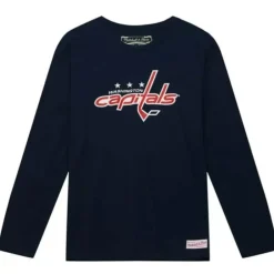 Men Mitchell & Ness T-Shirts & Tops-Distressed Logo Ls Tee Washington Capitals