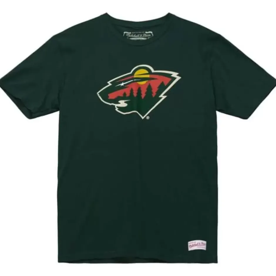 Men Mitchell & Ness T-Shirts & Tops-Distressed Logo Tee Minnesota Wild