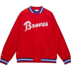 Men Mitchell & Ness Jackets & Outerwear-Double Clutch Lightweight Satin Jacket Atlanta Braves