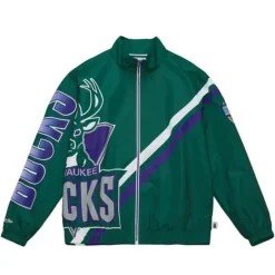 Men Mitchell & Ness Jackets & Outerwear-Exploded Logo Warm Up Jacket Milwaukee Bucks