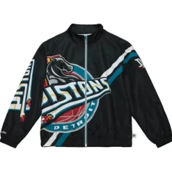 Men Mitchell & Ness Jackets & Outerwear-Exploded Logo Warm Up Jacket Detroit Pistons