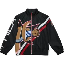 Men Mitchell & Ness Jackets & Outerwear-Exploded Logo Warm Up Jacket Philadelphia 76Ers