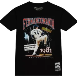 Men Mitchell & Ness T-Shirts & Tops-Fernandomania Tee Los Angeles Dodgers Fernando Valenzuela