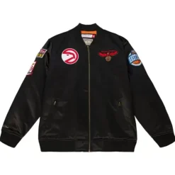 Men Mitchell & Ness Jackets & Outerwear-Flight Satin Bomber Jacket Atlanta Hawks