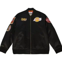 Men Mitchell & Ness Jackets & Outerwear-Flight Satin Bomber Jacket Los Angeles Lakers