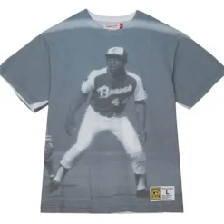 Men Mitchell & Ness T-Shirts & Tops-Highlight Sublimated Player Tee Atlanta Braves Hank Aaron