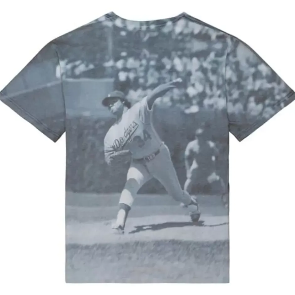 Men Mitchell & Ness T-Shirts & Tops-Highlight Sublimated Player Tee Los Angeles Dodgers Fernando Valenzuela