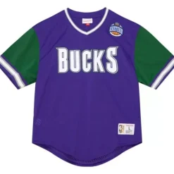 Men Mitchell & Ness T-Shirts & Tops-Hwc Night Mesh V-Neck Milwaukee Bucks