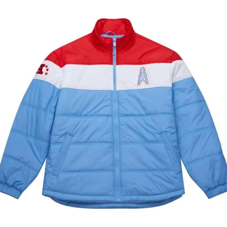 Men Mitchell & Ness Jackets & Outerwear-In The Clutch Puffer Jacket Vintage Logo Houston Oilers