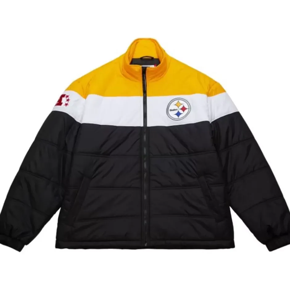 Men Mitchell & Ness Jackets & Outerwear-In The Clutch Puffer Jacket Vintage Logo Pittsburgh Steelers