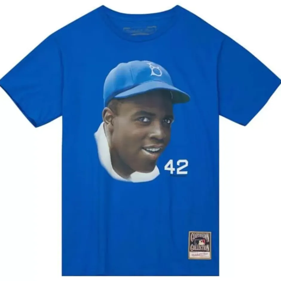 Men Mitchell & Ness T-Shirts & Tops-Legend Portrait Tee Brooklyn Dodgers Jackie Robinson
