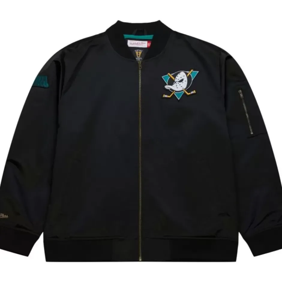 Men Mitchell & Ness Jackets & Outerwear-Lightweight Satin Bomber Vintage Logo Anaheim Ducks