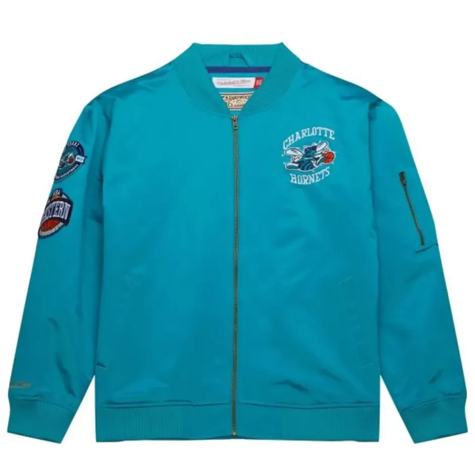 Men Mitchell & Ness Jackets & Outerwear-Lightweight Satin Bomber Vintage Logo Charlotte Hornets