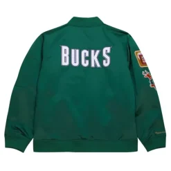 Men Mitchell & Ness Jackets & Outerwear-Lightweight Satin Bomber Vintage Logo Milwaukee Bucks