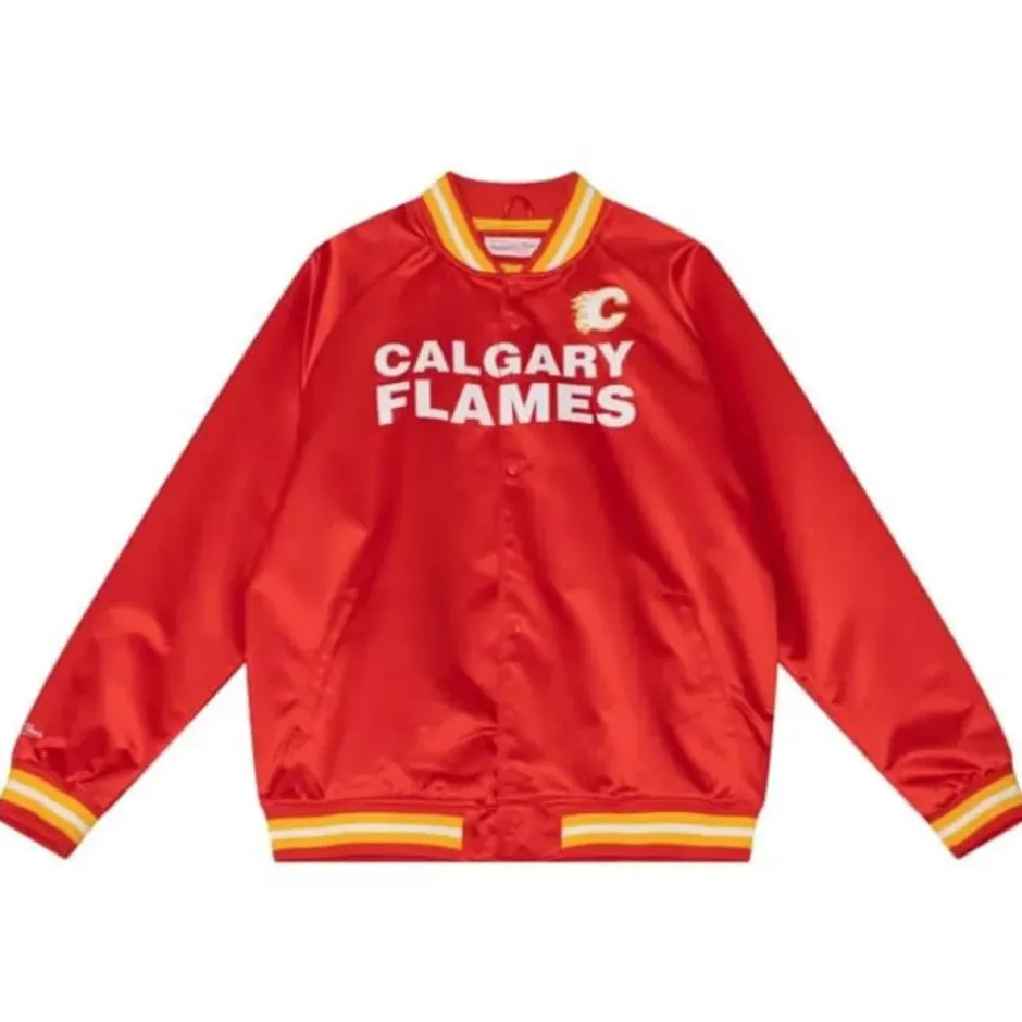 Men Mitchell & Ness Jackets & Outerwear-Lightweight Satin Jacket Calgary Flames