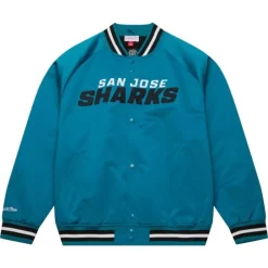 Men Mitchell & Ness Jackets & Outerwear-Lightweight Satin Jacket Current Logo San Jose Sharks