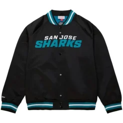 Men Mitchell & Ness Jackets & Outerwear-Lightweight Satin Jacket Current Logo San Jose Sharks