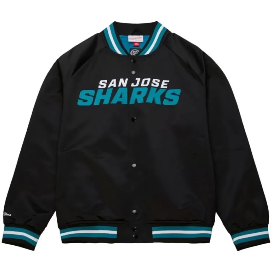 Men Mitchell & Ness Jackets & Outerwear-Lightweight Satin Jacket Current Logo San Jose Sharks