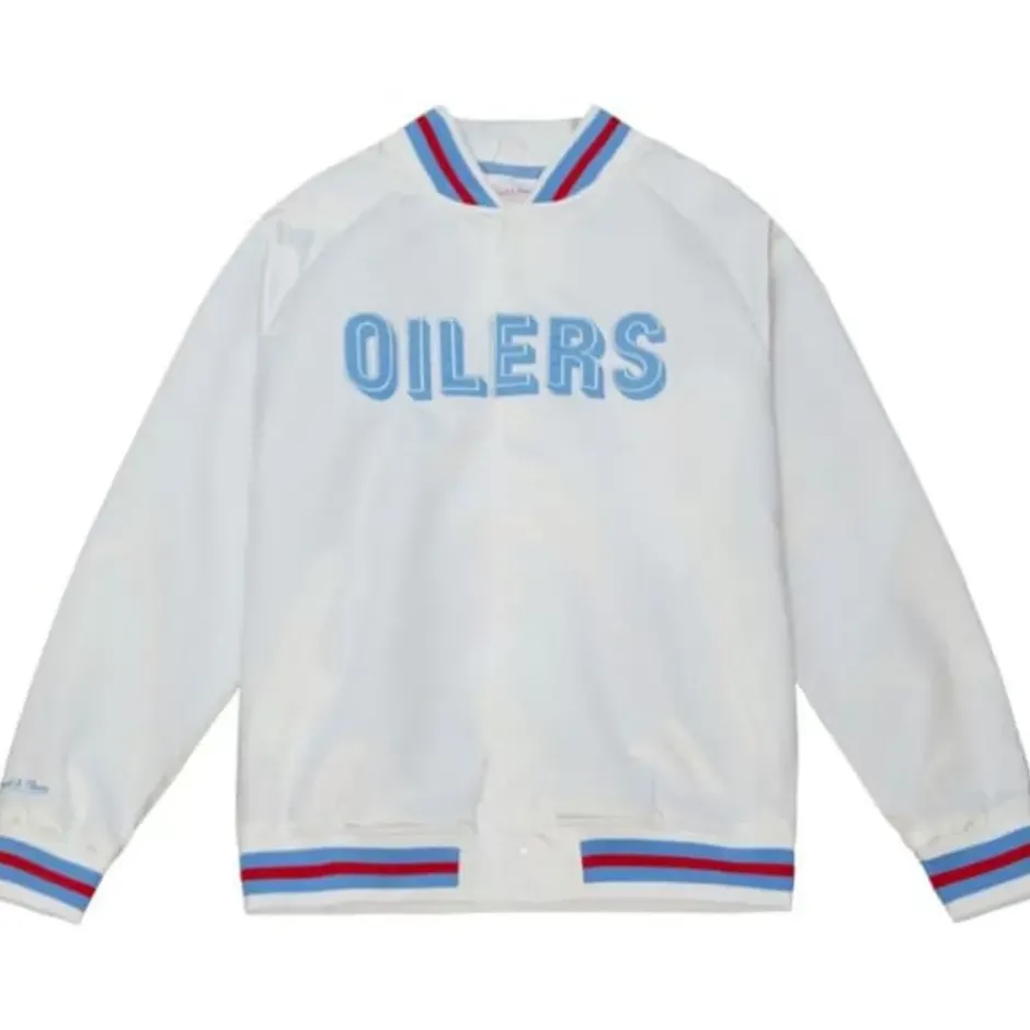 Men Mitchell & Ness Jackets & Outerwear-Lighweight Satin Jacket Houston Oilers