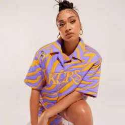 Woman Mitchell & Ness T-Shirts & Tops-M&N X Melody Ehsani Puffer Shirt Los Angeles Lakers