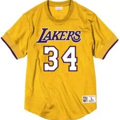 Men Mitchell & Ness T-Shirts & Tops-Name & Number Mesh Crewneck Los Angeles Lakers Shaquille O'Neal