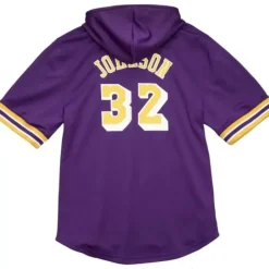 Men Mitchell & Ness T-Shirts & Tops-Name & Number Mesh Ss Hoodie Los Angeles Lakers 1985 Magic Johnson