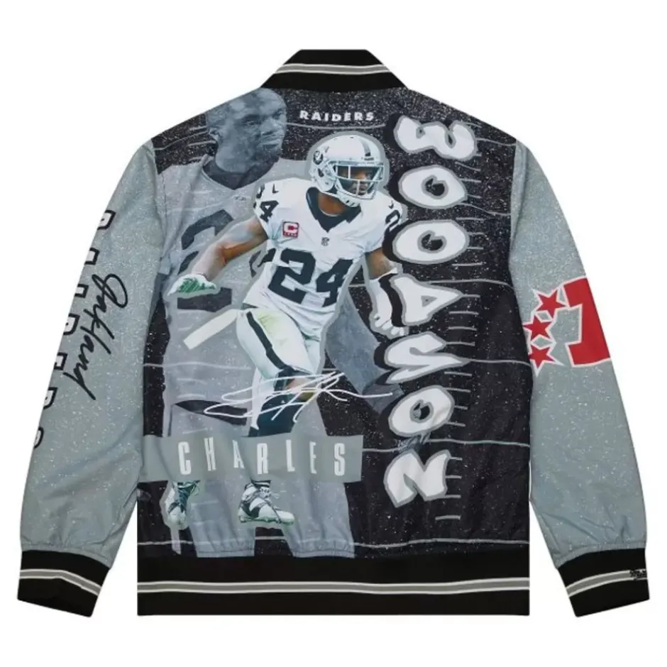 Men Mitchell & Ness Jackets & Outerwear-Player Burst Warm Up Jacket Oakland Raiders Charles Woodson
