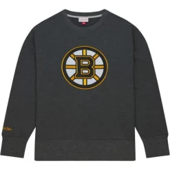 Men Mitchell & Ness Hoodies & Sweatshirts-Playoff Win 2.0 Crew Current Logo Boston Bruins