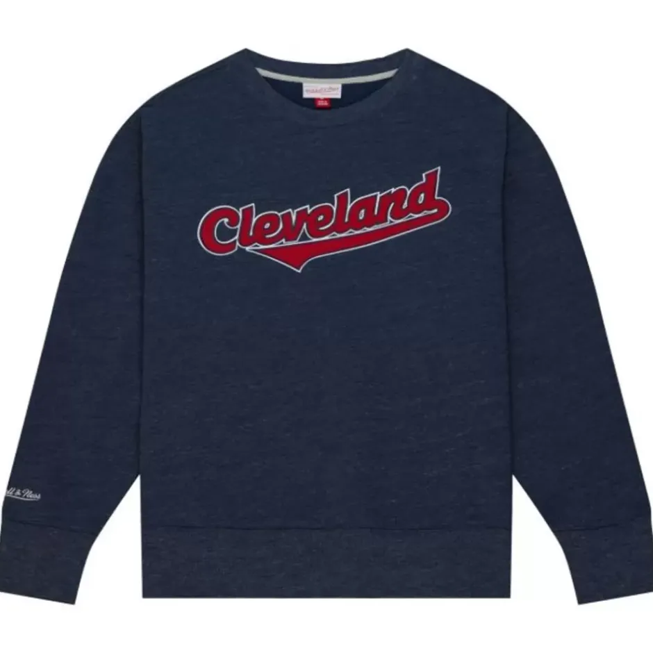 Men Mitchell & Ness Hoodies & Sweatshirts-Playoff Win 2.0 Crew Vintage Cleveland Guardians