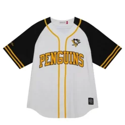 Men Mitchell & Ness T-Shirts & Tops-Practice Day Button Front Jersey Pittsburgh Penguins