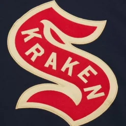 Men Mitchell & Ness Hoodies & Sweatshirts-Satin Insert Fleece Crew Current Logo Seattle Kraken