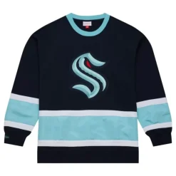 Men Mitchell & Ness Hoodies & Sweatshirts-Satin Insert Fleece Crew Current Logo Seattle Kraken