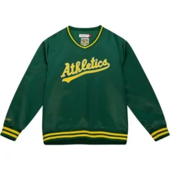 Men Mitchell & Ness Jackets & Outerwear-Sideline Pullover Satin Jacket Oakland Athletics