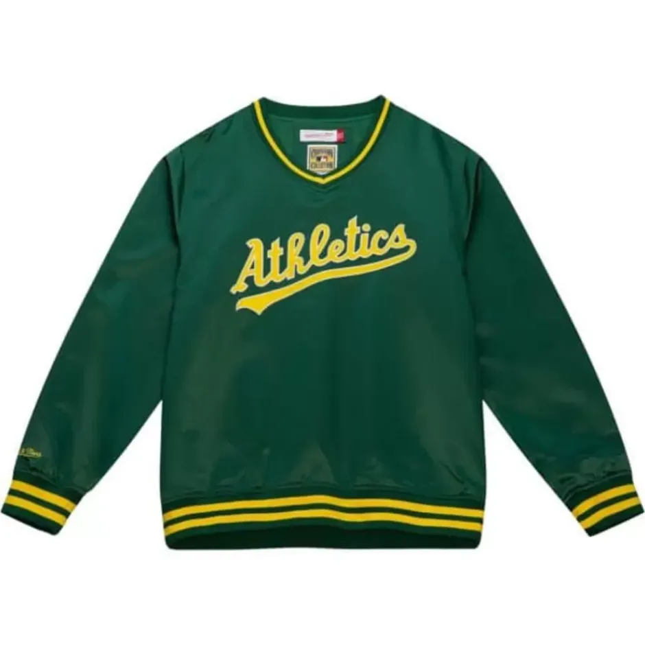 Men Mitchell & Ness Jackets & Outerwear-Sideline Pullover Satin Jacket Oakland Athletics