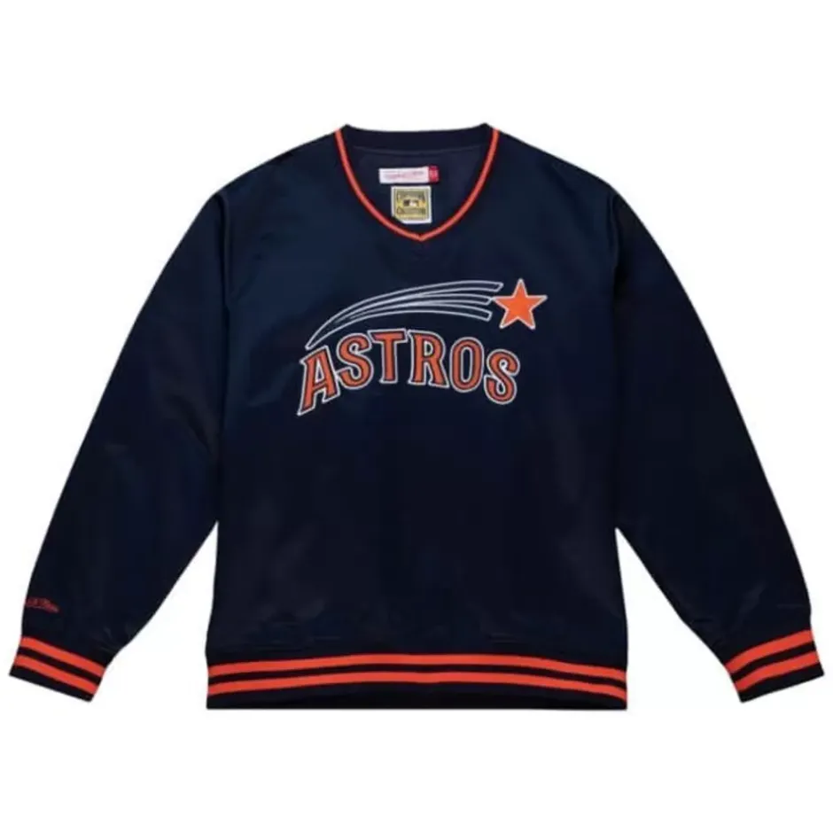 Men Mitchell & Ness Jackets & Outerwear-Sideline Pullover Satin Jacket Houston Astros