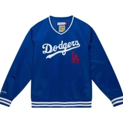 Men Mitchell & Ness Jackets & Outerwear-Sideline Pullover Satin Jacket Los Angeles Dodgers