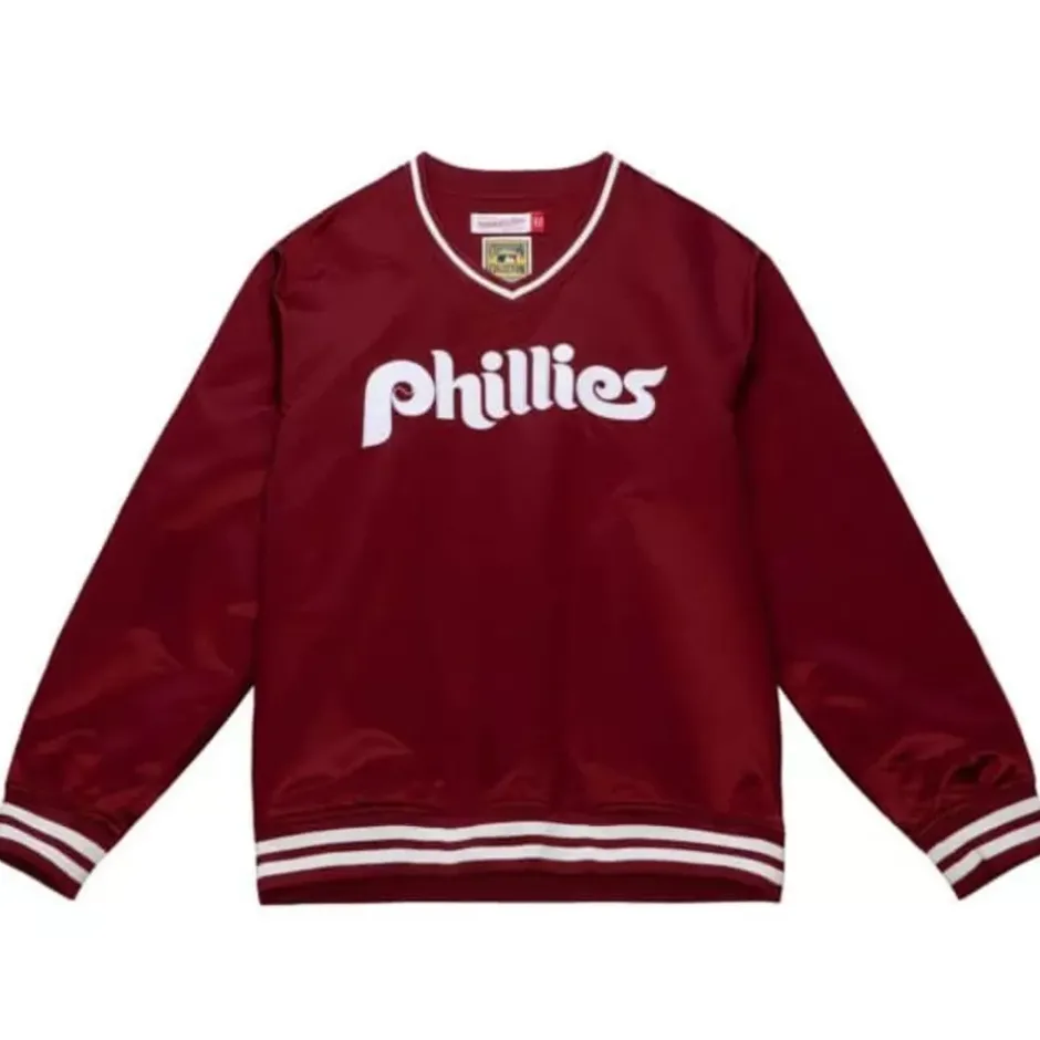 Men Mitchell & Ness Jackets & Outerwear-Sideline Pullover Satin Jacket Philadelphia Phillies