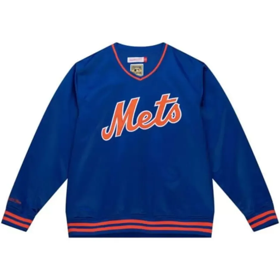 Men Mitchell & Ness Jackets & Outerwear-Sideline Pullover Satin Jacket New York Mets