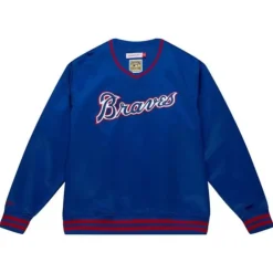 Men Mitchell & Ness Jackets & Outerwear-Sideline Pullover Satin Jacket Atlanta Braves