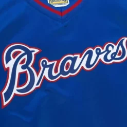 Men Mitchell & Ness Jackets & Outerwear-Sideline Pullover Satin Jacket Atlanta Braves