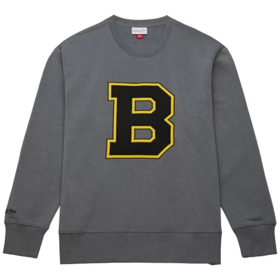 Men Mitchell & Ness Hoodies & Sweatshirts-Snow Washed Fleece Crew Boston Bruins