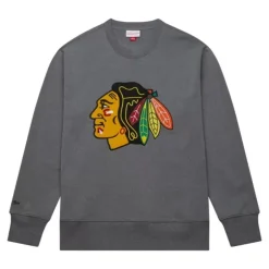 Men Mitchell & Ness Hoodies & Sweatshirts-Snow Washed Fleece Crew Current Logo Chicago Blackhawks