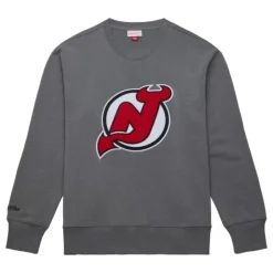 Men Mitchell & Ness Hoodies & Sweatshirts-Snow Washed Fleece Crew Current Logo New Jersey Devils