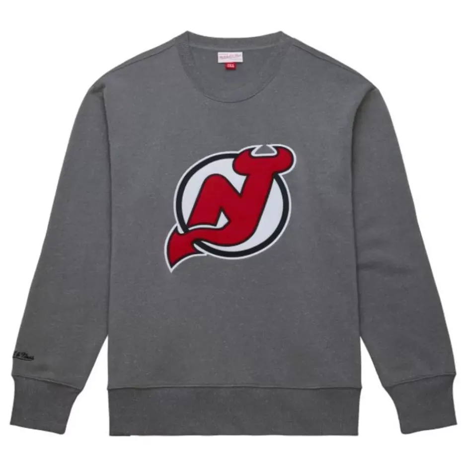 Men Mitchell & Ness Hoodies & Sweatshirts-Snow Washed Fleece Crew Current Logo New Jersey Devils