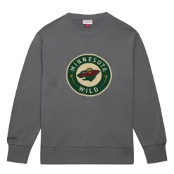 Men Mitchell & Ness Hoodies & Sweatshirts-Snow Washed Fleece Crew Current Logo Minnesota Wild